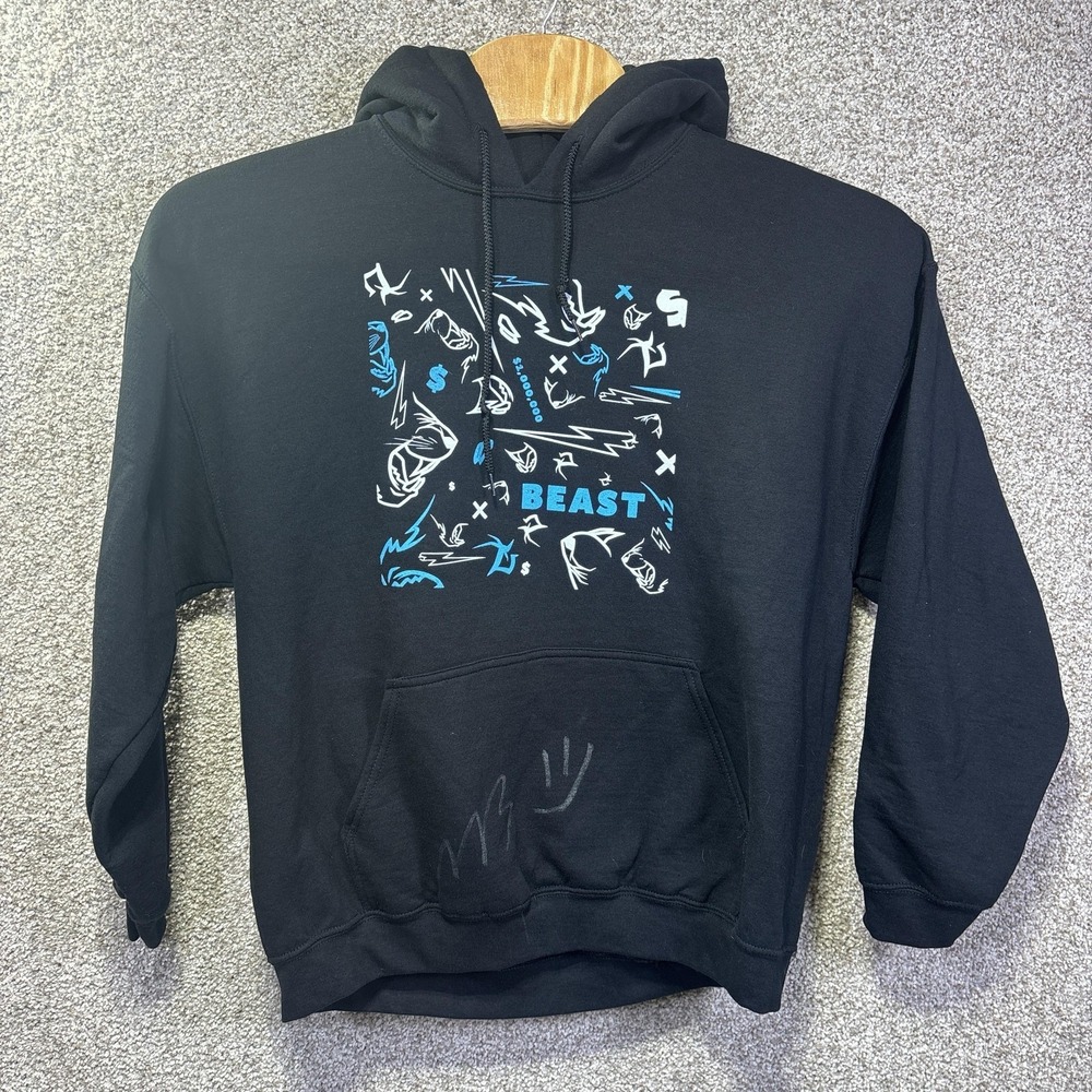 Mr Beast Autographed Hoodie Men XL Black Fleece Graphic Pullover Kangaroo Pocket